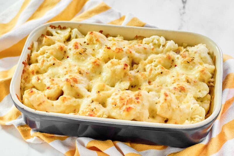 Spicy cauliflower cheese bake ready for serving.