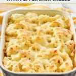 Cauliflower au gratin with spicy cheese baked and ready for serving.