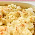 Closeup of baked cauliflower with a spicy cheese sauce.