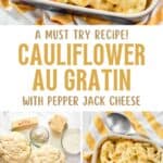 Ingredients, making cheese sauce, and serving cauliflower au gratin.