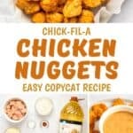 A basket of chicken nuggets, the ingredients to make them, freshly fried on a rack, and served with sauce.