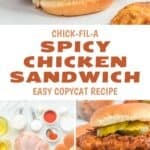 Spicy fried chicken sandwich, the ingredients to make it, frying chicken, and coating with sauce.