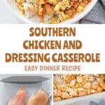Chicken and dressing casserole served on a plate and the ingredients to make it.