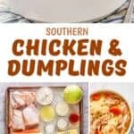 Bowls of southern chicken and dumplings, the ingredients, and cooking it.