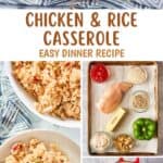 Chicken and rice casserole in bowls and the ingredients to make it.