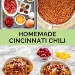 Cincinnati chili ingredients and the chili in a pan and bowls.