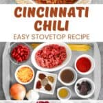 Cincinnati chili in a pan and bowls, and the ingredients to make it.