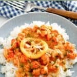 Crawfish etouffee served over white rice.