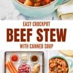 Beef stew in soup crocks, the ingredients to make it, and the cooking it in a crockpot.