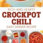 Chili made in a crockpot served in bowls and the ingredients to make it.