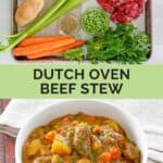 Ingredients to make beef stew and a bowl of the stew.