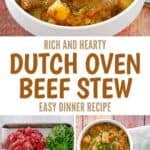Bowls of Dutch oven beef stew and the ingredients to make it.