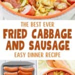 Bowls of southern fried cabbage and sausage with bacon and the ingredients to make it.