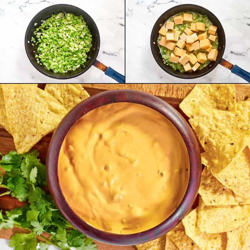 Steps showing sautéed green chiles, adding cubed American cheese, and the finished smooth queso dip.