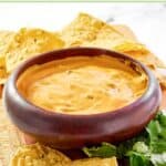 Green chile queso dip, tortilla chips, and fresh cilantro.