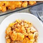 Hamburger and tater tot casserole in a baking dish and a serving on a plate.