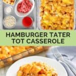 Casserole with hamburger meat ingredients and the baked dish.