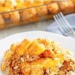 A serving of tater tot casserole made with hamburger meat on a plate.