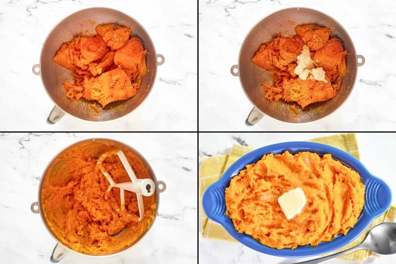 peeling baked sweet potatoes, adding horseradish and butter, mashing until smooth