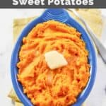 Horseradish mashed sweet potatoes in a dish on a marble surface.