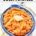 Horseradish mashed sweet potatoes in a dish on top of a cloth napkin.