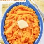 Homemade horseradish mashed sweet potatoes in a serving dish.