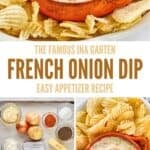 French onion dip served with crackers, the ingredients to make it, and caramelized onions in a pan.