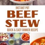 A serving of beef stew in a bowl, the ingredients to make it, and cooking in an Instant Pot.