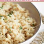 A bowl of white cheddar mac and cheese that was made in an Instant Pot.