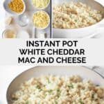 Creamy white cheddar mac and cheese ingredients and served in a bowl.