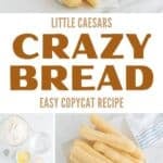 Homemade breadsticks, the ingredients to make them, and freshly baked on a baking sheet.