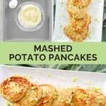 Ingredients for mashed potato pancakes and the fried pancakes on a platter.