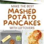 Fried mashed potato pancakes on a platter and the ingredients to make them.