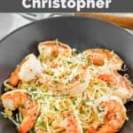 Shrimp and pasta in a bowl.
