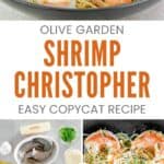 Shrimp pasta dish, the ingredients to make it, and cooking shrimp in a skillet.