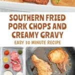 Fried pork chops with creamy gravy on a plate, the ingredients, frying pork chops, and making gravy.