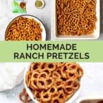 Homemade ranch pretzels ingredients and the pretzels in a pan and bowl.