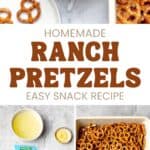 Homemade ranch pretzels in bowls and the ingredients to make them.