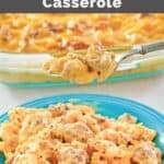 Sausage macaroni and cheese casserole in a baking dish, on a plate, and on a fork.