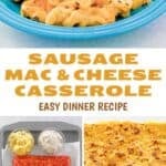 Casserole of sausage, macaroni, and cheese and the ingredients to make it.