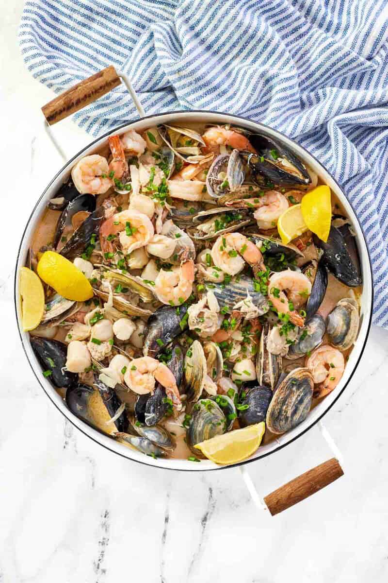 Copycat Silver Legacy Casino seafood pan roast on a marble surface.