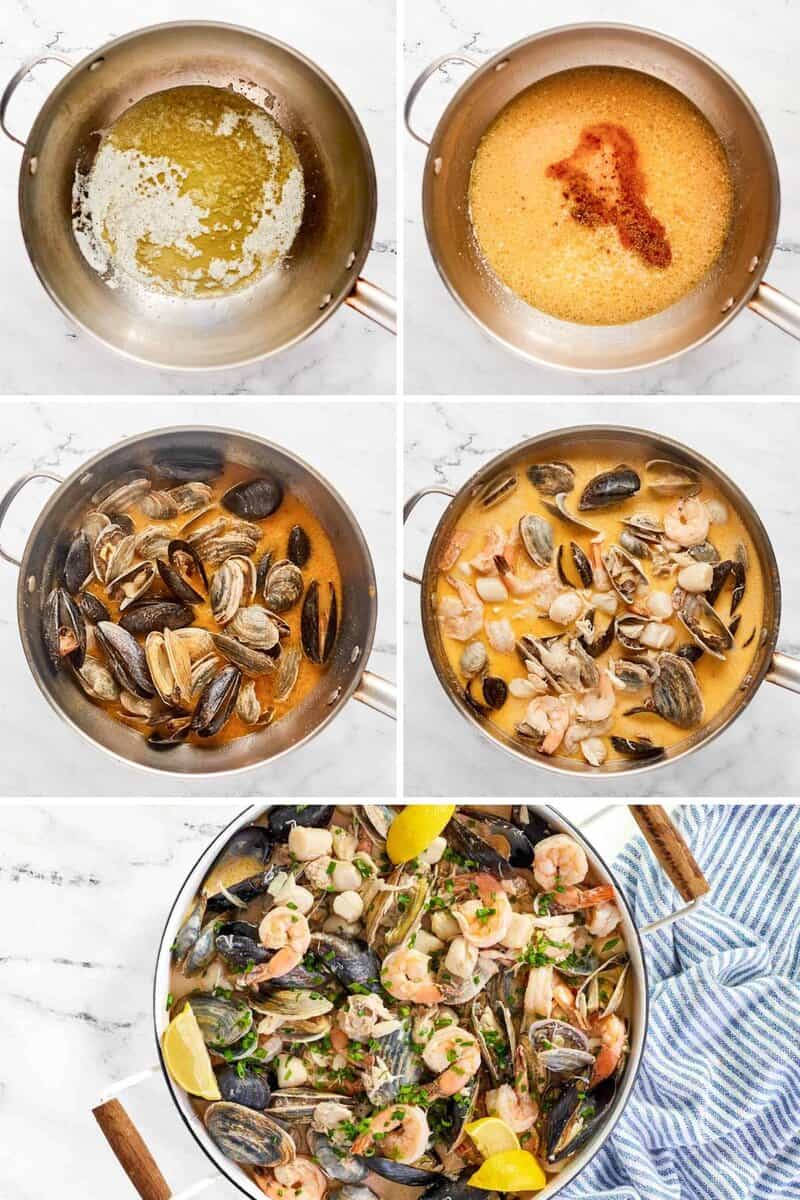 A 6-panel collage showing steps: melting butter, making the broth, cooking shellfish, adding shrimp, and the final dish.