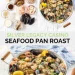 Copycat Silver Legacy Casino seafood pan roast ingredients and the cooked dish.