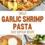 Garlic shrimp pasta in a skillet and the ingredients to make the dish.