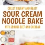 Sour cream noodle bake casserole serving on a plate and fork and the ingredients to make it.