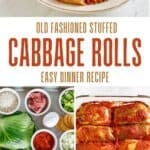 Stuffed cabbage rolls in a baking dish, being served, and the ingredients to make them.