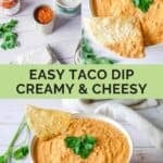 Ingredients to make taco dip and the dip served warm with tortilla chips.