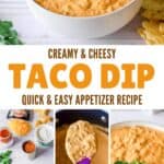 A bowl of taco dip, the ingredients, and making it in a pot on the stovetop.
