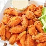 A platter of homemade Wings and Things garlic buffalo wings.