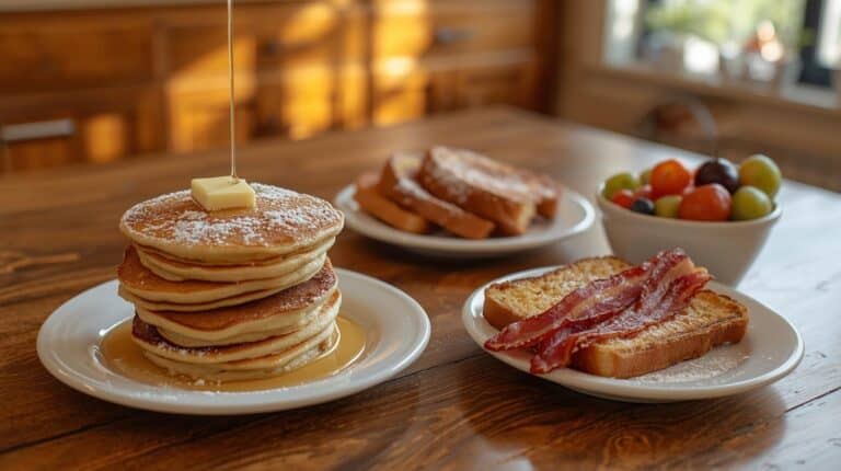 A stack of pancakes with butter and syrup, French toast, and fresh fruit on a kitchen table.